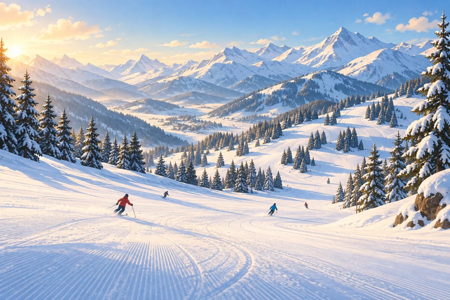 Illustrative alpine winter ski scene