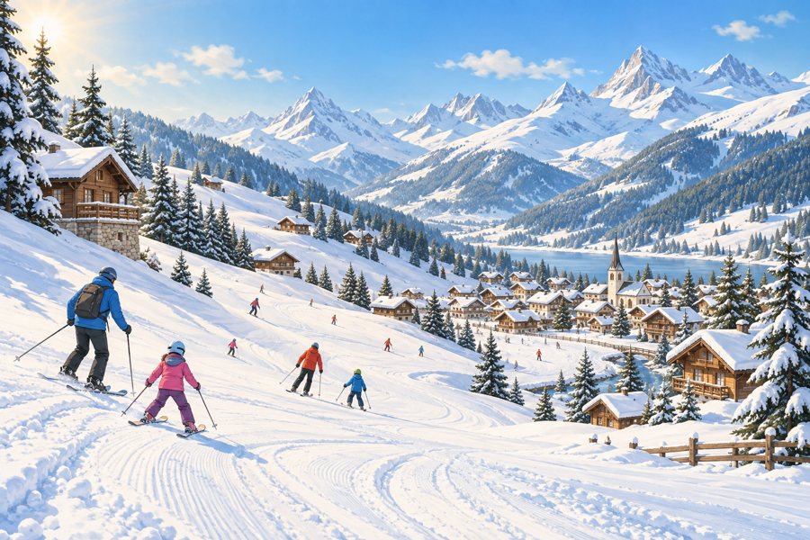 Illustrative, non-documentary winter scene for ski-holiday planning around Amden–Arvenbüel; no specific photographed place or landmark is depicted.