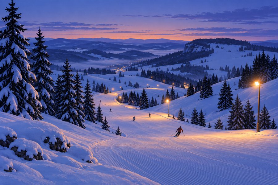 Illustrative evening ski hillside