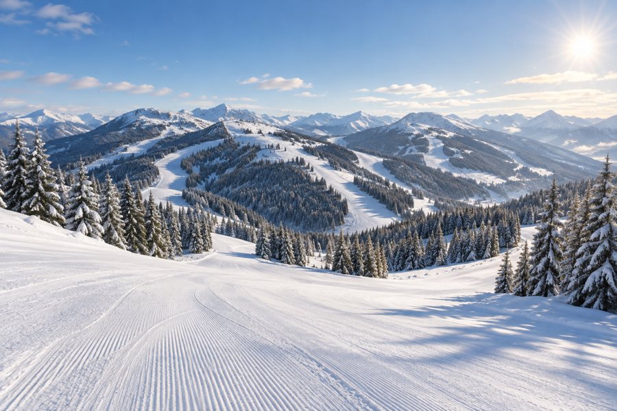 KI-generierte Illustration einer verschneiten Skilandschaft mit präparierten Pisten und bewaldeten Hängen.