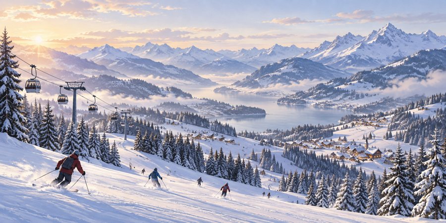Illustrative, non-documentary winter panorama for ski-holiday planning in eastern Switzerland; no specific photographed place or landmark is depicted.