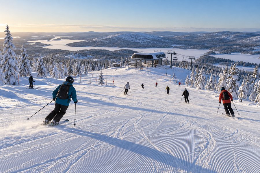 KI-generierte Illustration: Skifahrer auf einer präparierten Piste mit Lift vor verschneiten Fjälls.