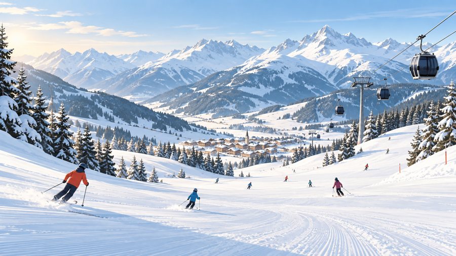 KI-generierte Illustration eines verschneiten Skiorts mit Skifahrern, Dorf und Seilbahnen