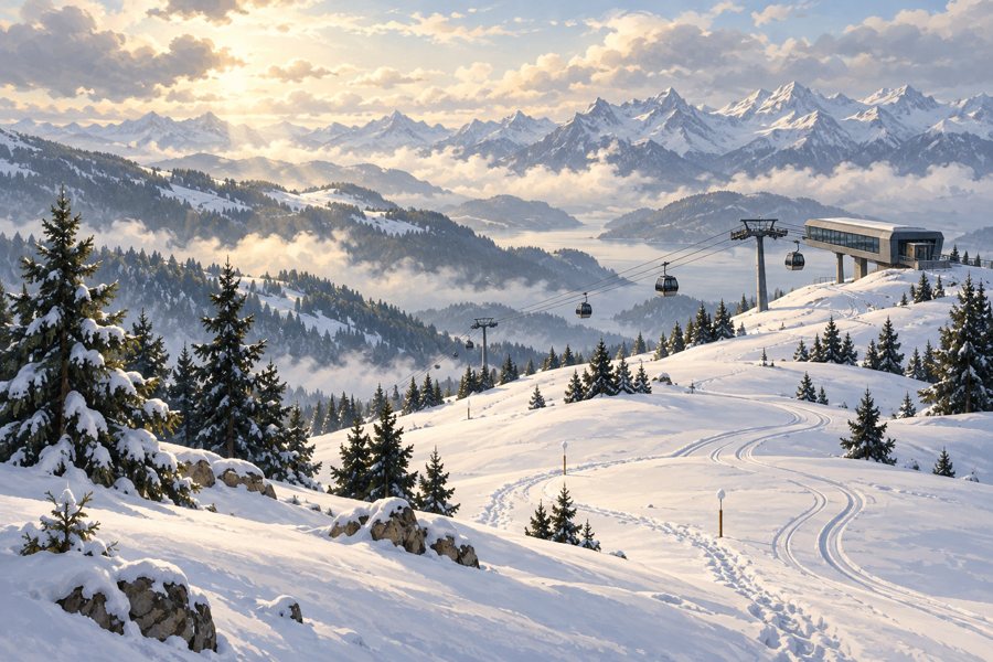 Illustrative, non-documentary winter scene for ski-holiday planning around Schwägalp–Säntis; no specific photographed place or landmark is depicted.