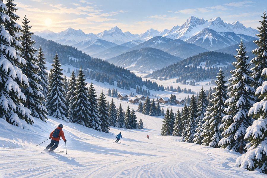 Illustrative wooded valley ski scene