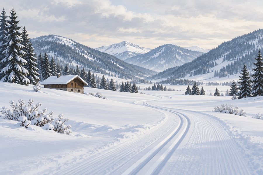 Illustrative snowy winter valley
