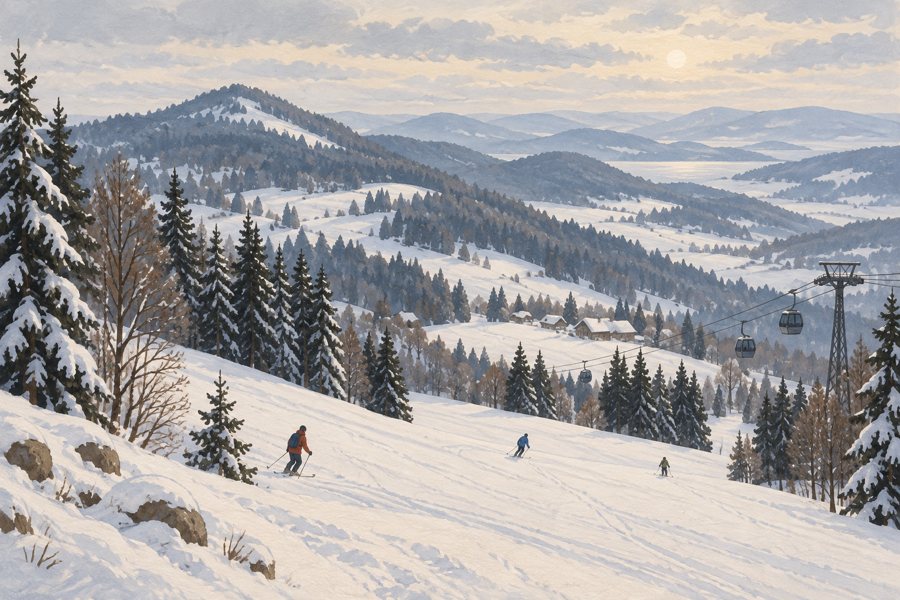 Illustrative, non-documentary winter scene for ski-holiday planning in the Swiss Jura; no specific photographed place or landmark is depicted.