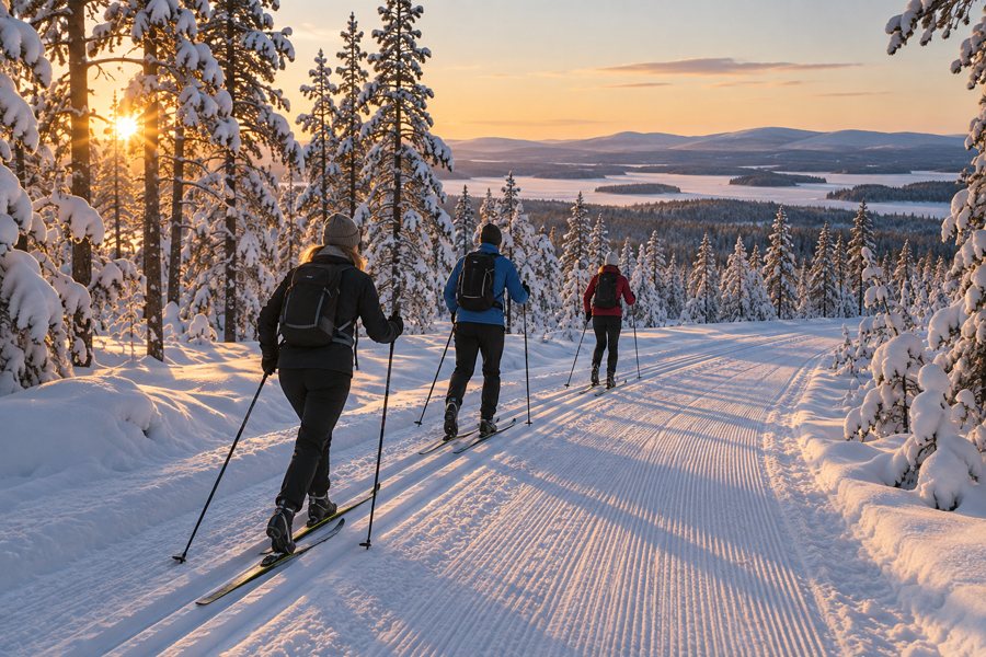 KI-generierte Illustration: Langläufer auf einer präparierten Loipe durch verschneiten Kiefernwald in Finnisch-Lappland.
