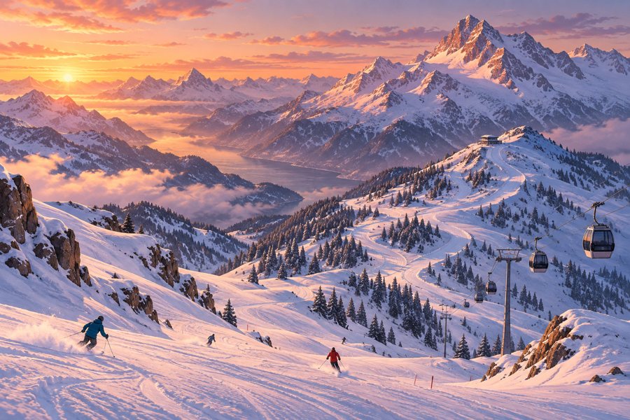 Illustrative, non-documentary winter scene for ski-holiday planning at Pizol; no specific photographed place or landmark is depicted.