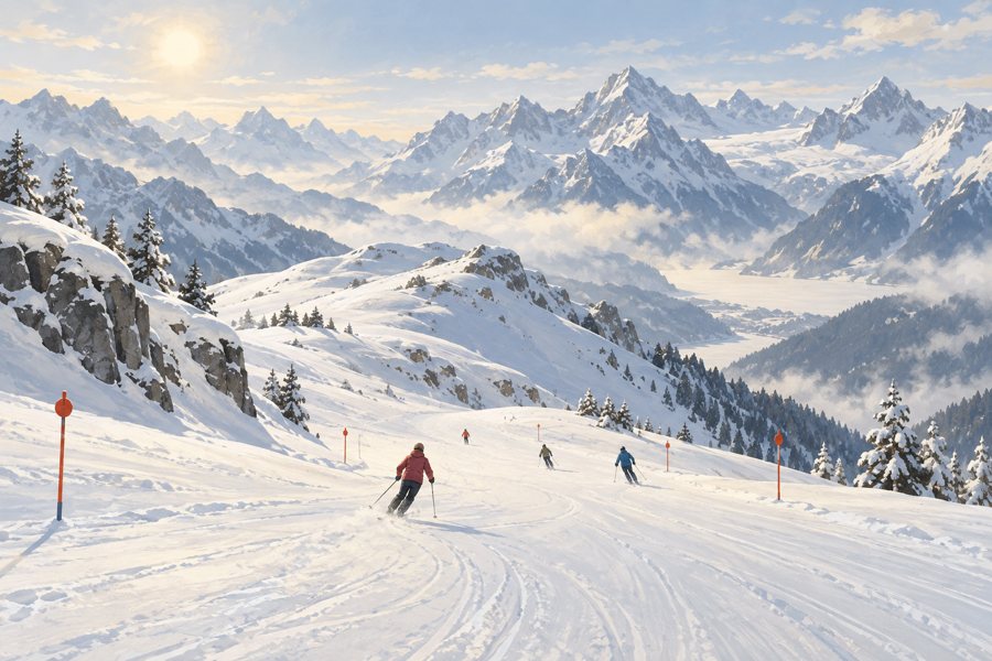 Illustrative, non-documentary winter scene for ski-holiday planning around Ebenalp–Horn; no specific photographed place or landmark is depicted.
