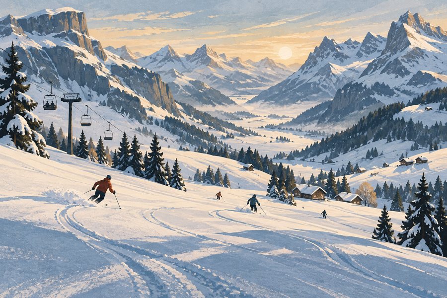 Illustrative, non-documentary winter scene for ski-holiday planning around Toggenburg and Chäserrugg; no specific photographed place or landmark is depicted.