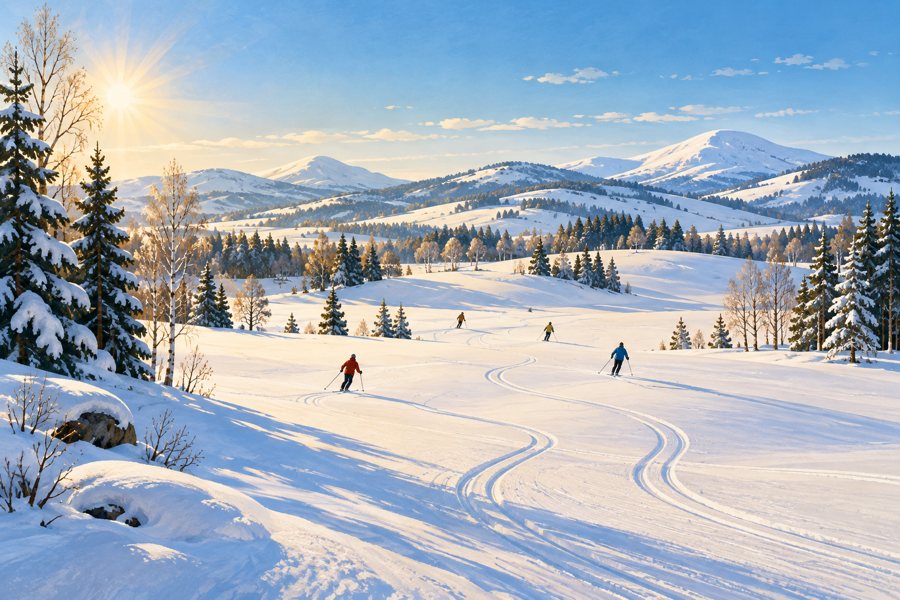 Illustrative sunny winter ski plateau