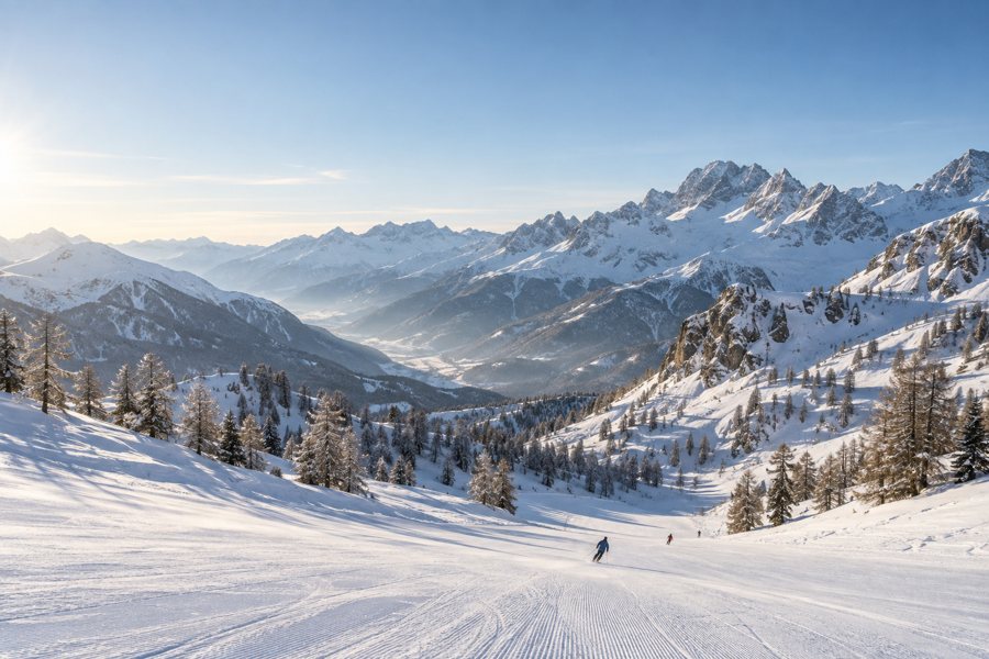 KI-generierte Illustration einer verschneiten Skipiste mit Skifahrern vor einem Alpenpanorama.