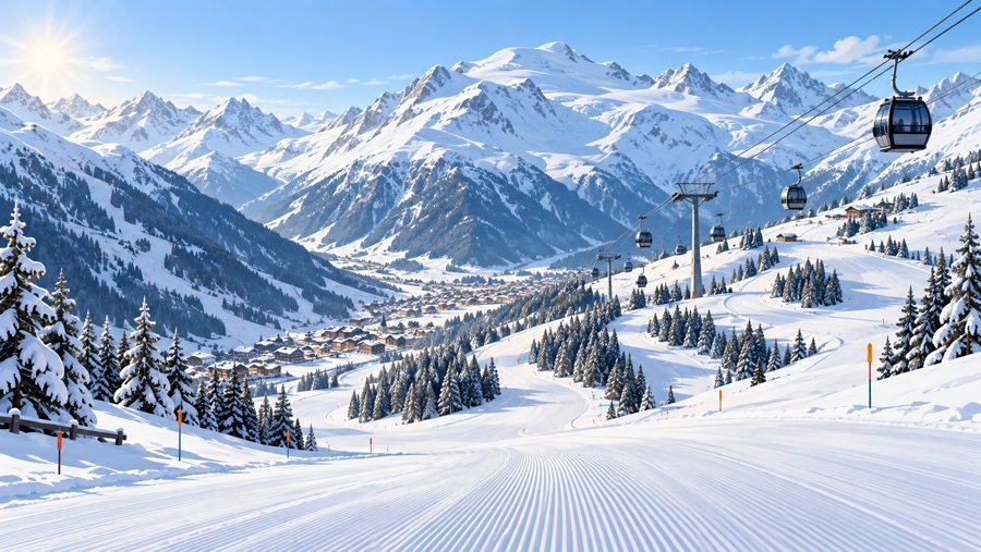KI-generierte Illustration eines verschneiten Skigebiets im Ötztal mit Pisten und Seilbahnen.