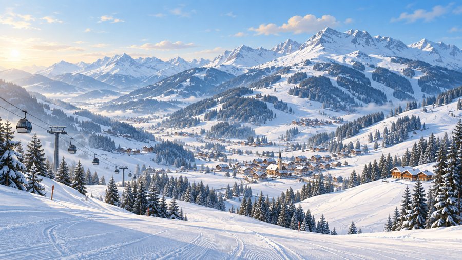 KI-generierte Illustration eines verschneiten Skigebiets in den Kitzbüheler Alpen mit Liften und einem Dorf im Tal