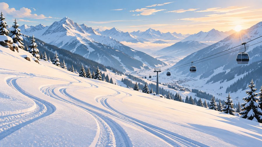 KI-generierte Illustration eines verschneiten Skitals mit Pisten und Seilbahnen für den Ischgl-Reiseführer.