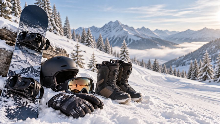 Illustrative snowboard equipment in winter