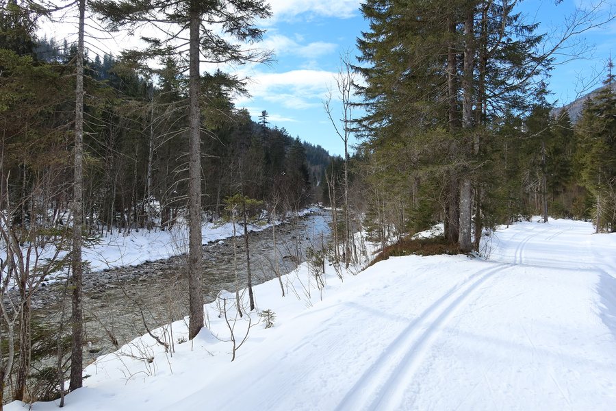 File:Loipen parallel der Weißach auf dem Weg Richtung Parkplatz Kreuth Klamm 2023-02-12.jpg