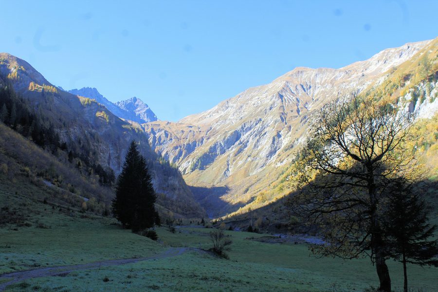 Hinterhornbach am oberen Ende des Hornbachtals vor der Bergkulisse der Allgäuer Alpen