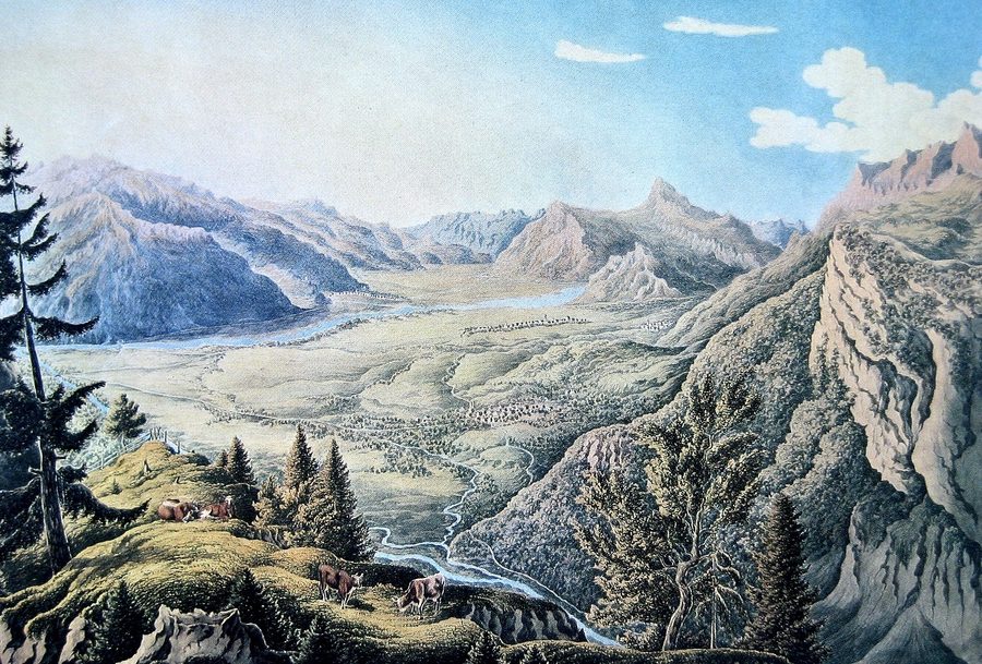 Historische Zeichnung der Bündner Herrschaft mit dem Dorf Malans in der Mitte