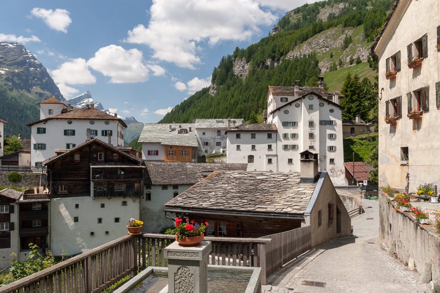 Old houses in the village center of Splügen, Grisons, Switzerland