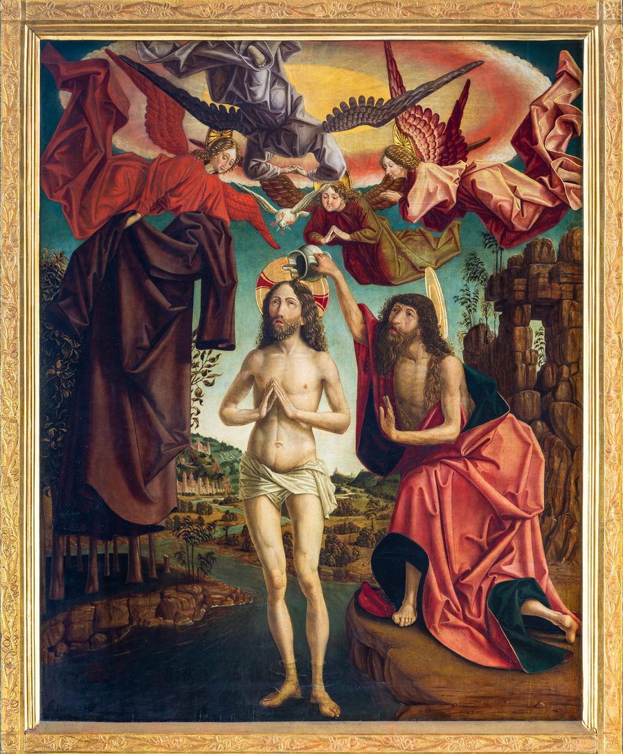 Taufe Christi am Pacher-Altar in der Pfarr- und Wallfahrtskirche Sankt Wolfgang im Salzkammergut