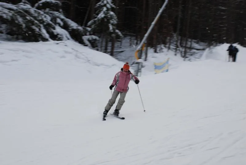 Skifahrer fährt einen verschneiten Hang hinab