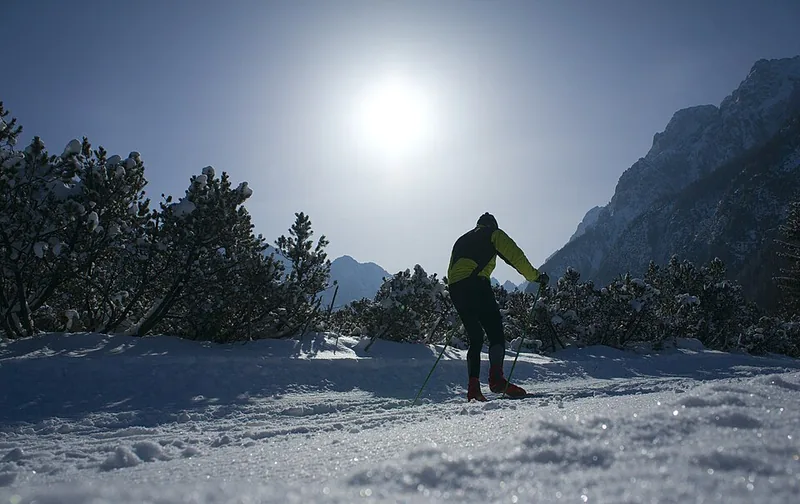 Skilangläufer auf einer verschneiten Loipe